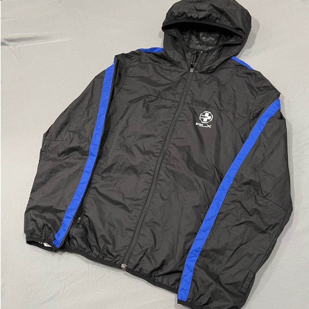 RLX Ralph Lauren Mens Hooded Windbreaker Jacket Black Blue Stripe Size M